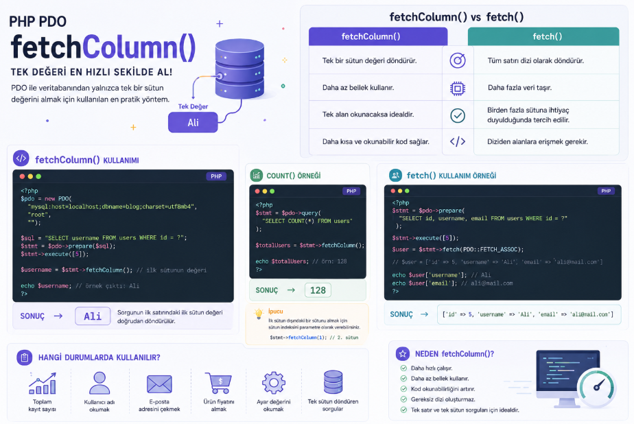PHP PDO fetchColumn() Nedir? Tek Bir Veriyi En Hızlı Şekilde Alma Rehberi